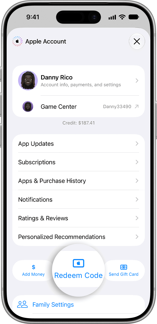 صورة Apple الرسمية لشاشة حساب App Store على iPhone مع تحديد زر Redeem Code